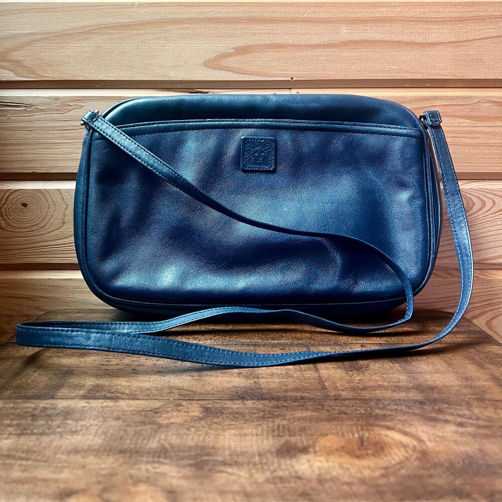 Vintage Anne Klein Leather Crossbody Bag Navy Blue 80s Gold Hardware Small Purse - Picture 5 of 16